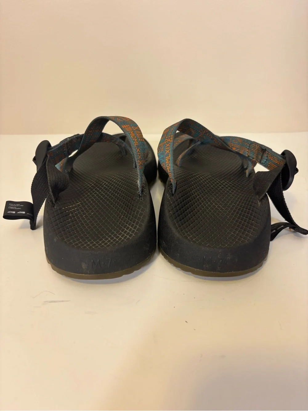 Chaco Black Sandals with Teal and Orange Patterned Straps Open Back Men’s 7